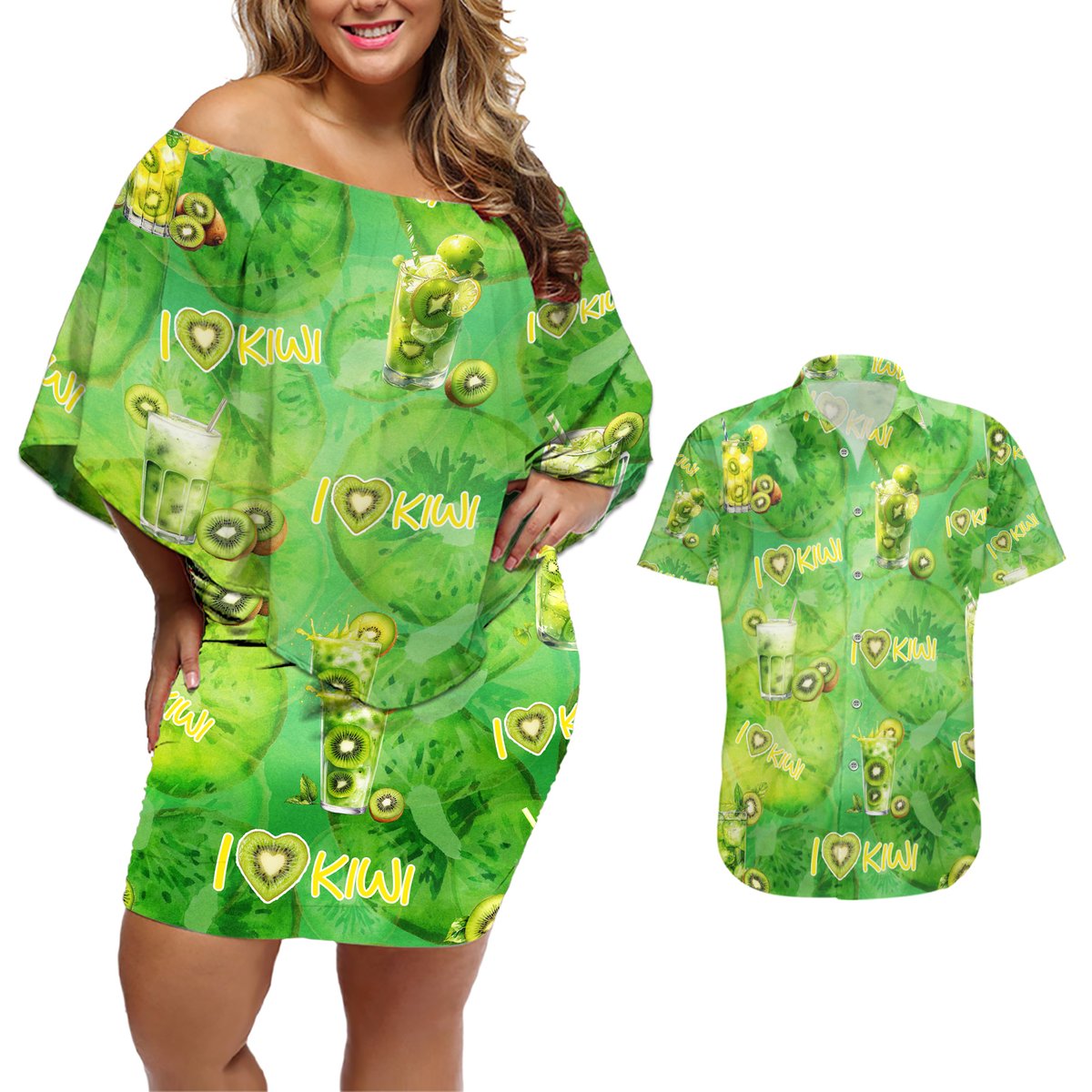 I Love Kiwi Couples Matching Off Shoulder Short Dress and Hawaiian Shirt New Zealand Kiwi Fruit Summer Cocktail
