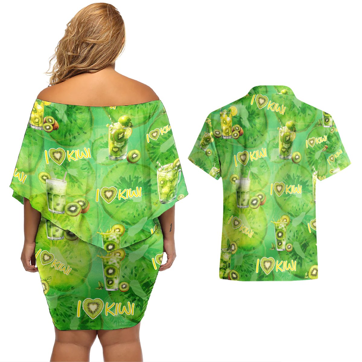 I Love Kiwi Couples Matching Off Shoulder Short Dress and Hawaiian Shirt New Zealand Kiwi Fruit Summer Cocktail