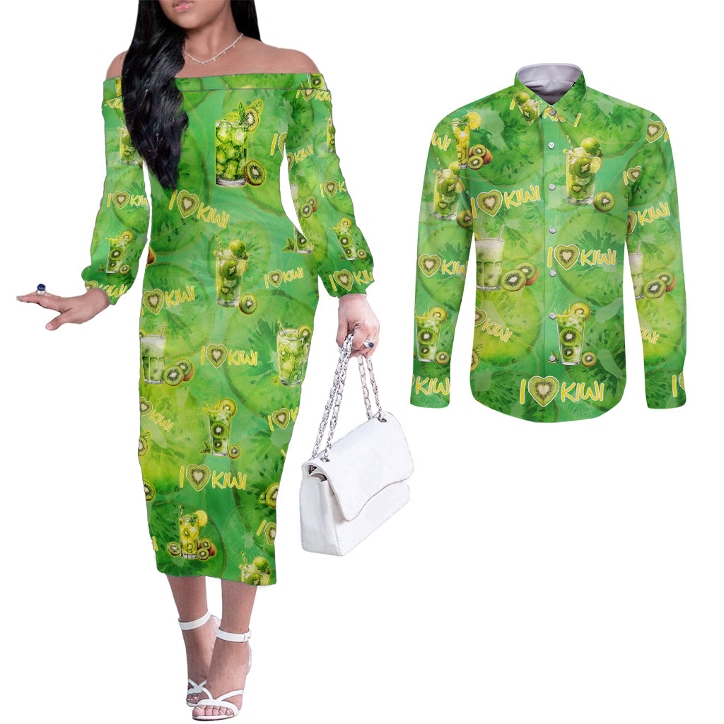 I Love Kiwi Couples Matching Off The Shoulder Long Sleeve Dress and Long Sleeve Button Shirt New Zealand Kiwi Fruit Summer Cocktail