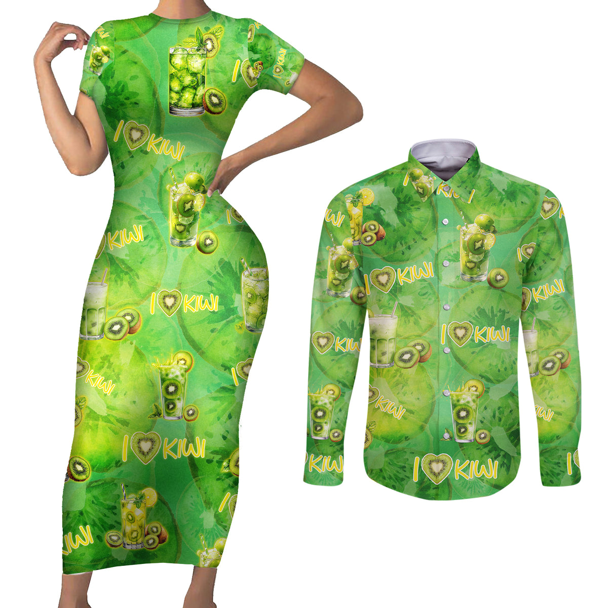 I Love Kiwi Couples Matching Short Sleeve Bodycon Dress and Long Sleeve Button Shirt New Zealand Kiwi Fruit Summer Cocktail