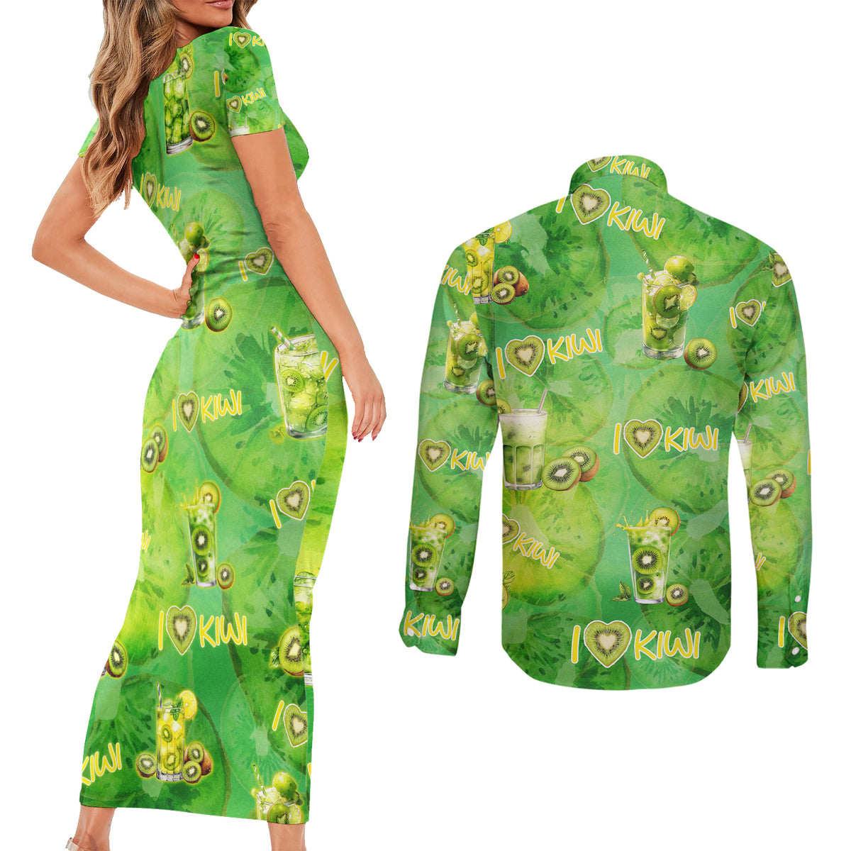 I Love Kiwi Couples Matching Short Sleeve Bodycon Dress and Long Sleeve Button Shirt New Zealand Kiwi Fruit Summer Cocktail