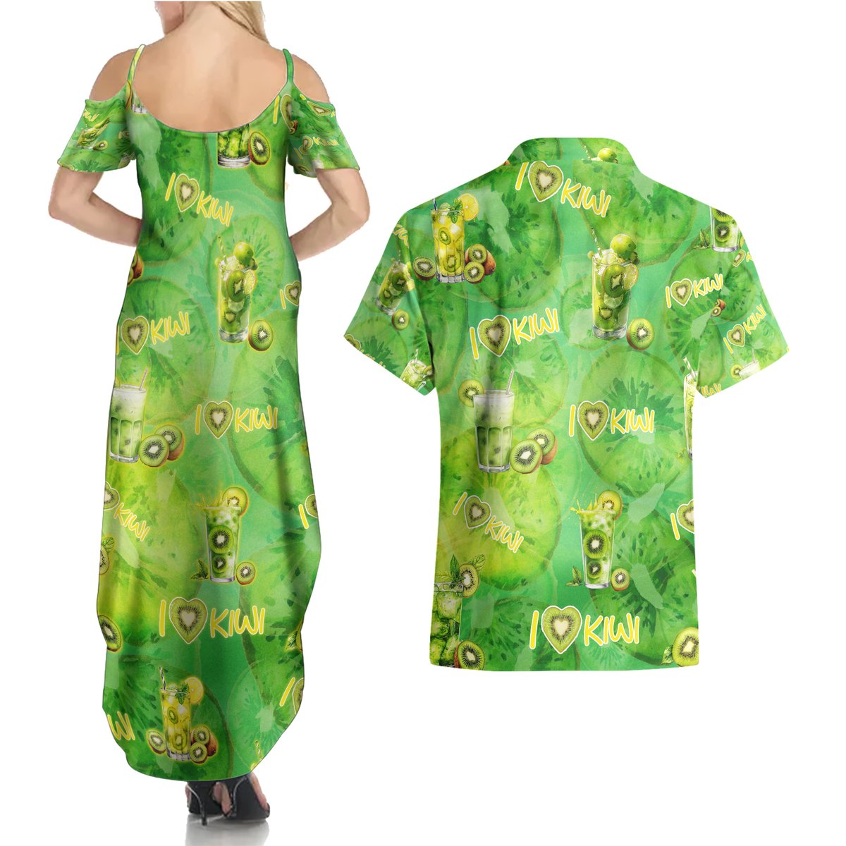 I Love Kiwi Couples Matching Summer Maxi Dress and Hawaiian Shirt New Zealand Kiwi Fruit Summer Cocktail