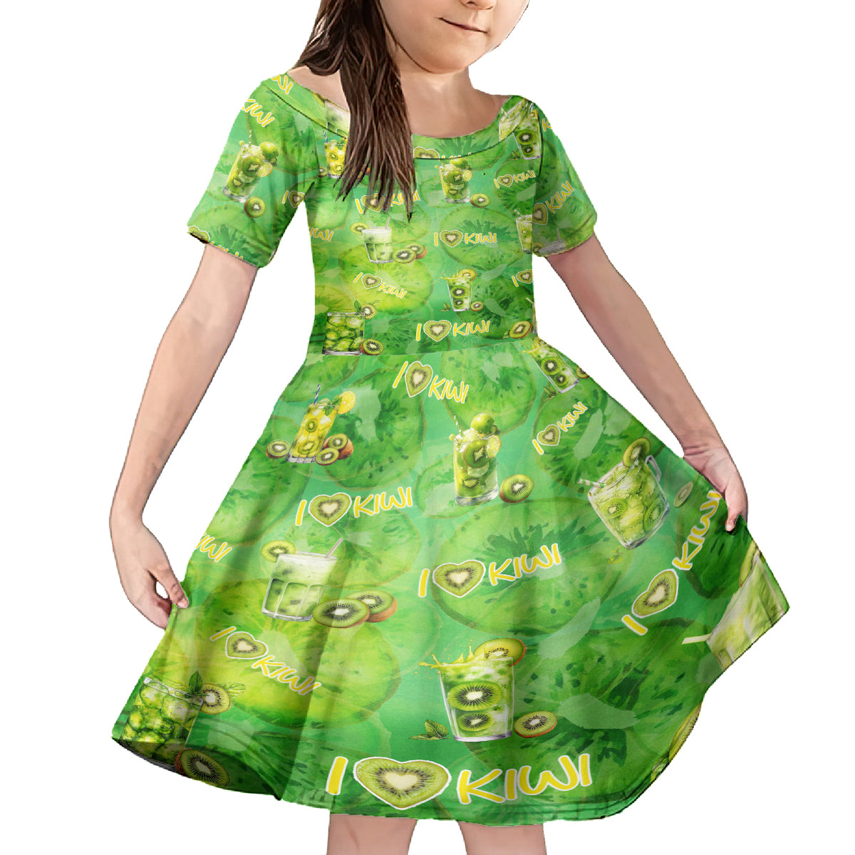 I Love Kiwi Family Matching Off Shoulder Short Dress and Hawaiian Shirt New Zealand Kiwi Fruit Summer Cocktail DT02 Daughter's Dress Green - Polynesian Pride