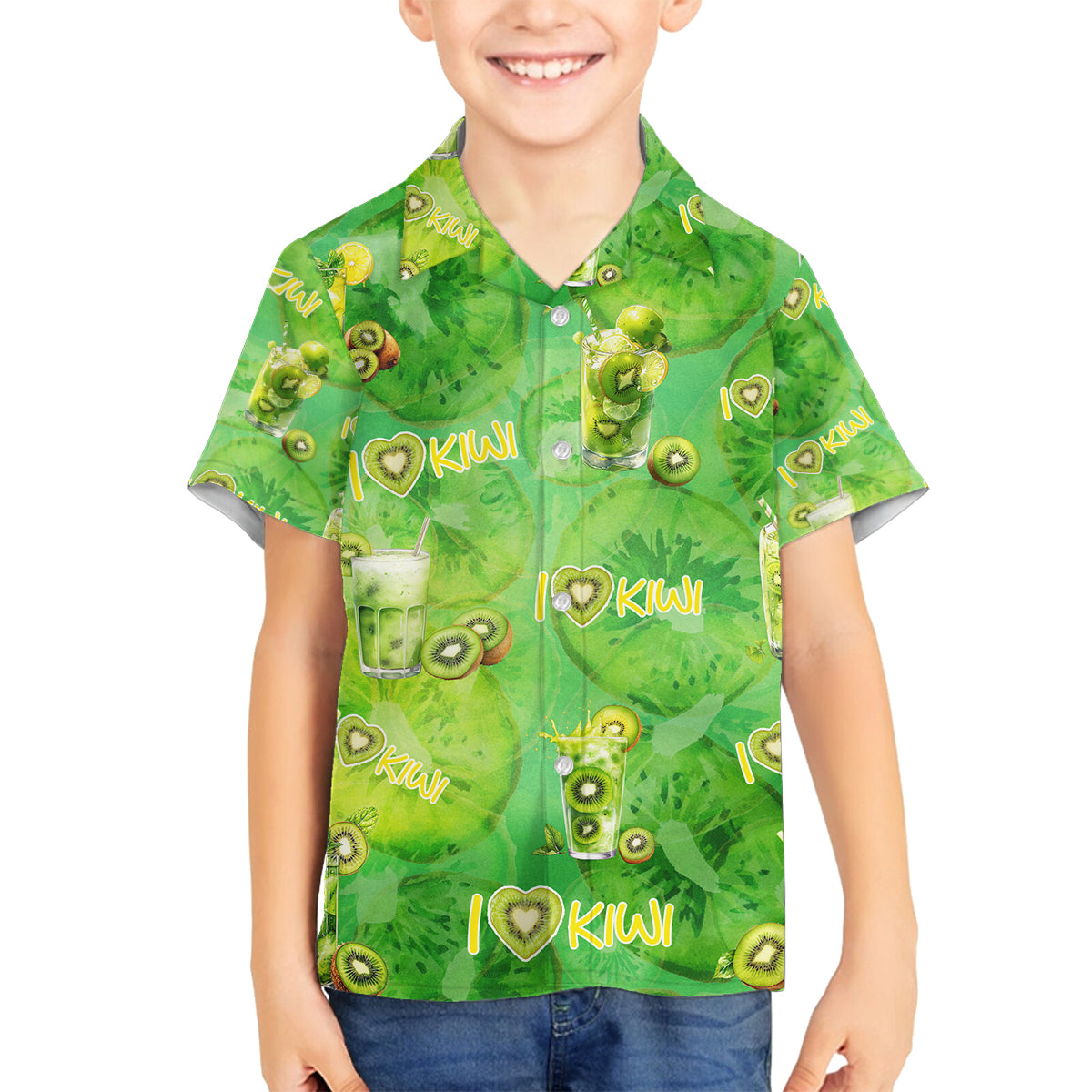 I Love Kiwi Family Matching Tank Maxi Dress and Hawaiian Shirt New Zealand Kiwi Fruit Summer Cocktail DT02 Son's Shirt Green - Polynesian Pride