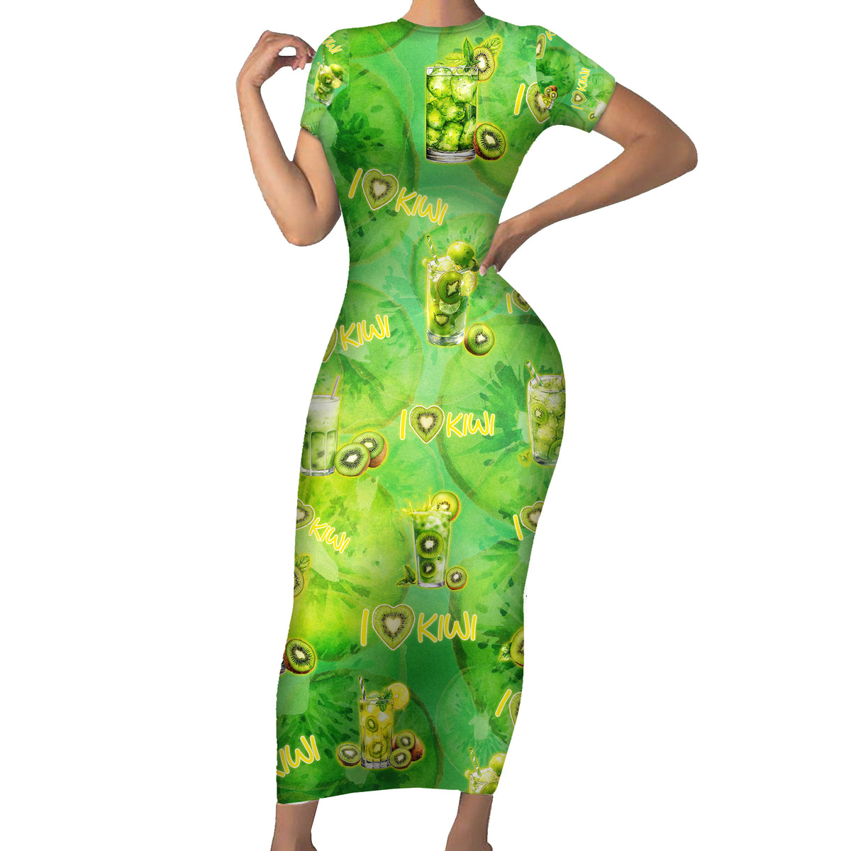 I Love Kiwi Short Sleeve Bodycon Dress New Zealand Kiwi Fruit Summer Cocktail