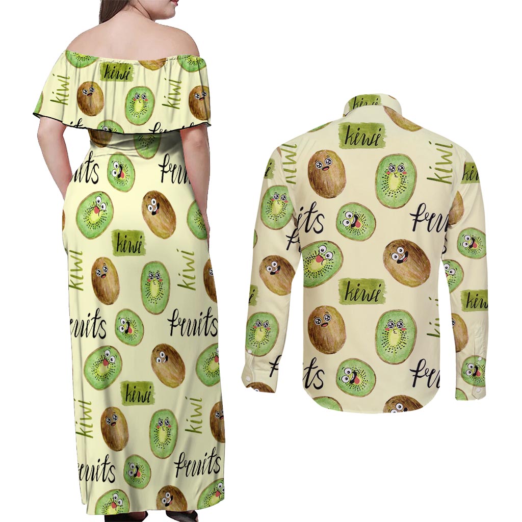 Kiwi Cute Humorous Couples Matching Off Shoulder Maxi Dress and Long Sleeve Button Shirt New Zealand Fruit DT02 - Polynesian Pride