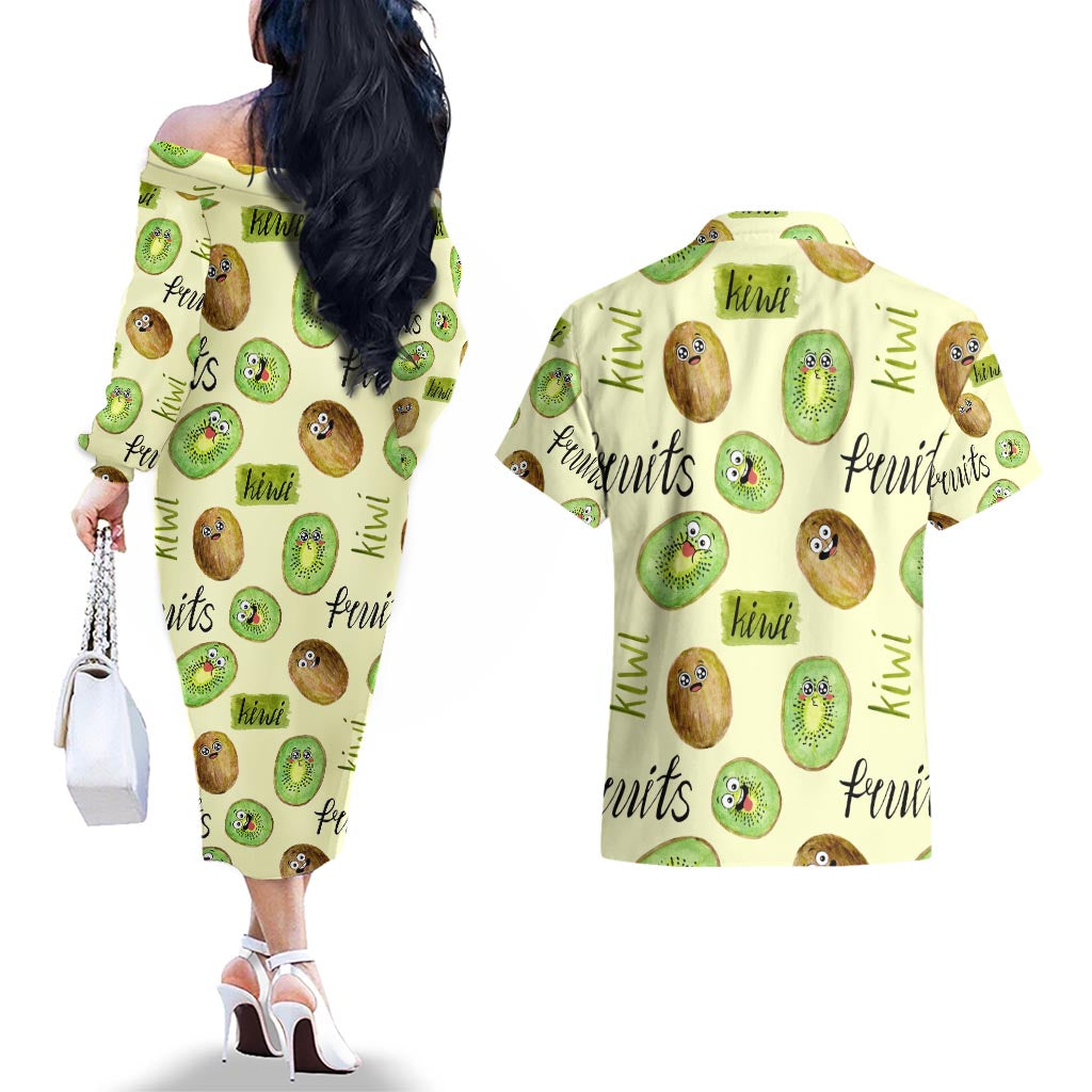 Kiwi Cute Humorous Couples Matching Off The Shoulder Long Sleeve Dress and Hawaiian Shirt New Zealand Fruit DT02 - Polynesian Pride
