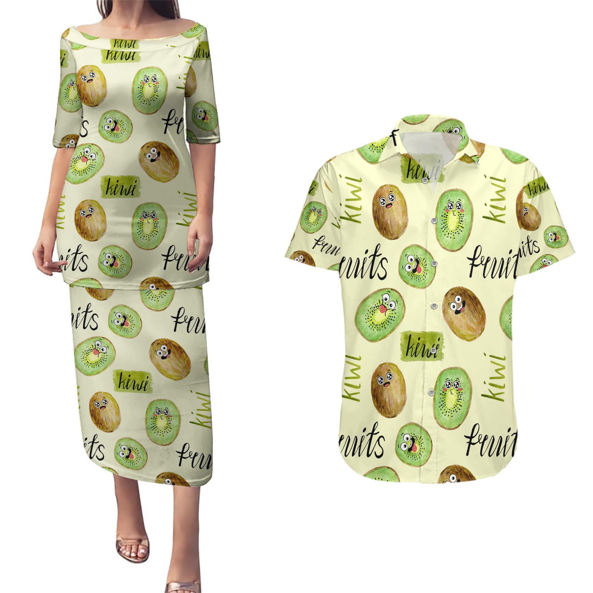 Kiwi Cute Humorous Couples Matching Puletasi and Hawaiian Shirt New Zealand Fruit DT02 Yellow - Polynesian Pride