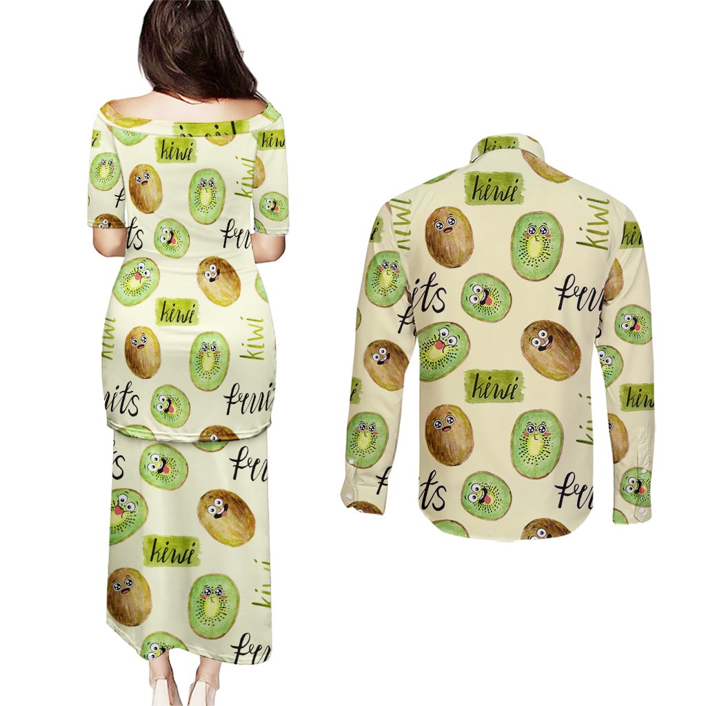 Kiwi Cute Humorous Couples Matching Puletasi and Long Sleeve Button Shirt New Zealand Fruit DT02 - Polynesian Pride