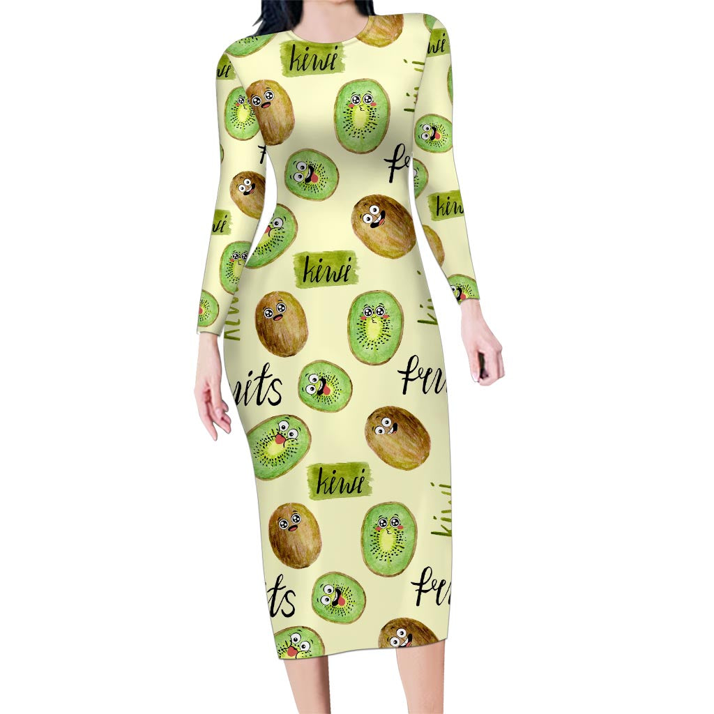 Kiwi Cute Humorous Family Matching Long Sleeve Bodycon Dress and Hawaiian Shirt New Zealand Fruit