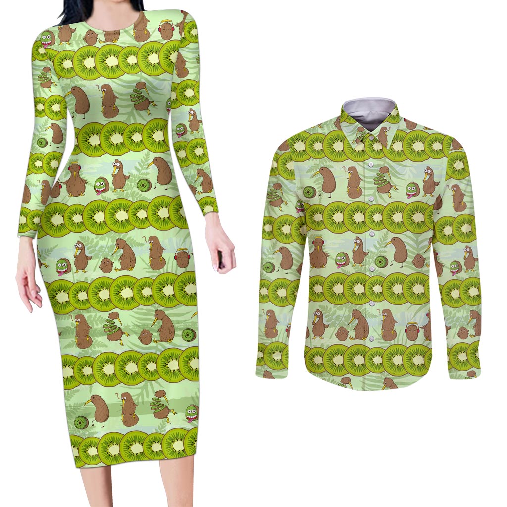 New Zealand Kiwi Fruit Witty Kiwi Bird Couples Matching Long Sleeve Bodycon Dress and Long Sleeve Button Shirt DT02 Green - Polynesian Pride