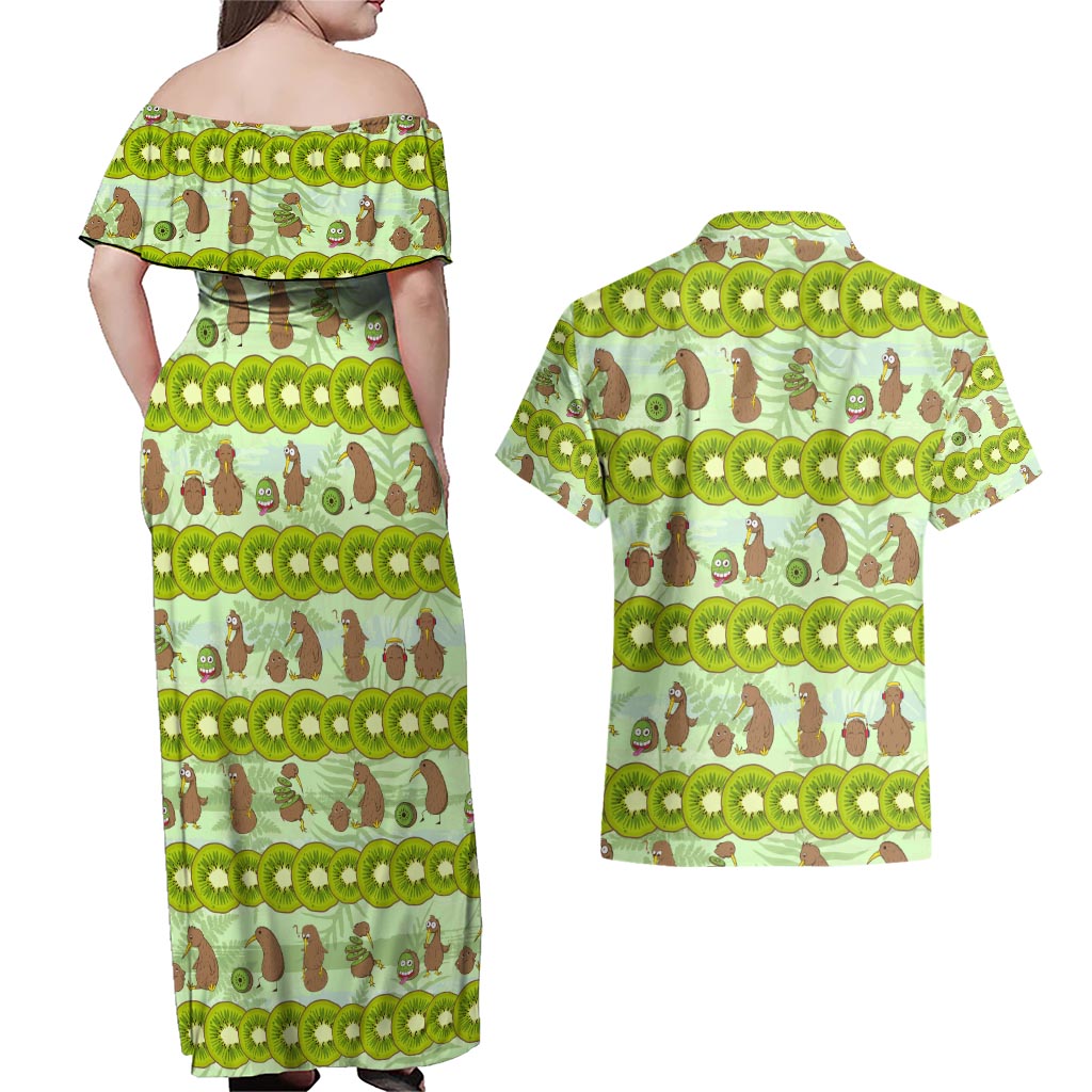 New Zealand Kiwi Fruit Witty Kiwi Bird Couples Matching Off Shoulder Maxi Dress and Hawaiian Shirt DT02 - Polynesian Pride