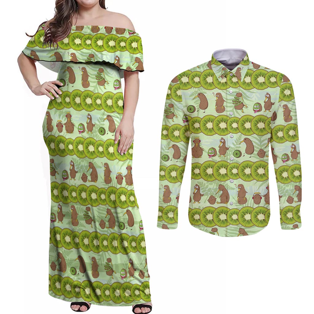 New Zealand Kiwi Fruit Witty Kiwi Bird Couples Matching Off Shoulder Maxi Dress and Long Sleeve Button Shirt DT02 Green - Polynesian Pride