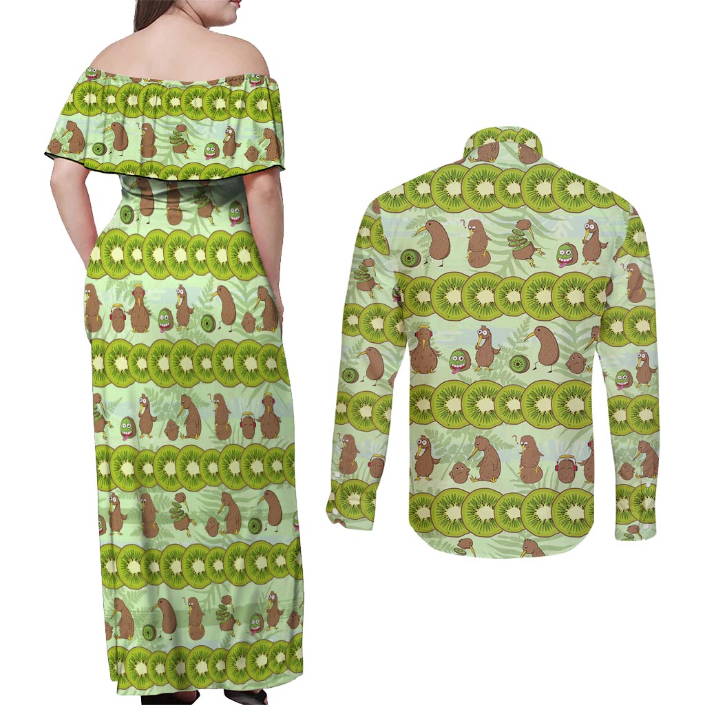 New Zealand Kiwi Fruit Witty Kiwi Bird Couples Matching Off Shoulder Maxi Dress and Long Sleeve Button Shirt DT02 - Polynesian Pride