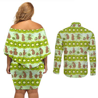 New Zealand Kiwi Fruit Witty Kiwi Bird Couples Matching Off Shoulder Short Dress and Long Sleeve Button Shirt DT02 - Polynesian Pride