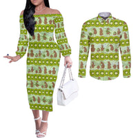 New Zealand Kiwi Fruit Witty Kiwi Bird Couples Matching Off The Shoulder Long Sleeve Dress and Long Sleeve Button Shirt DT02 Green - Polynesian Pride
