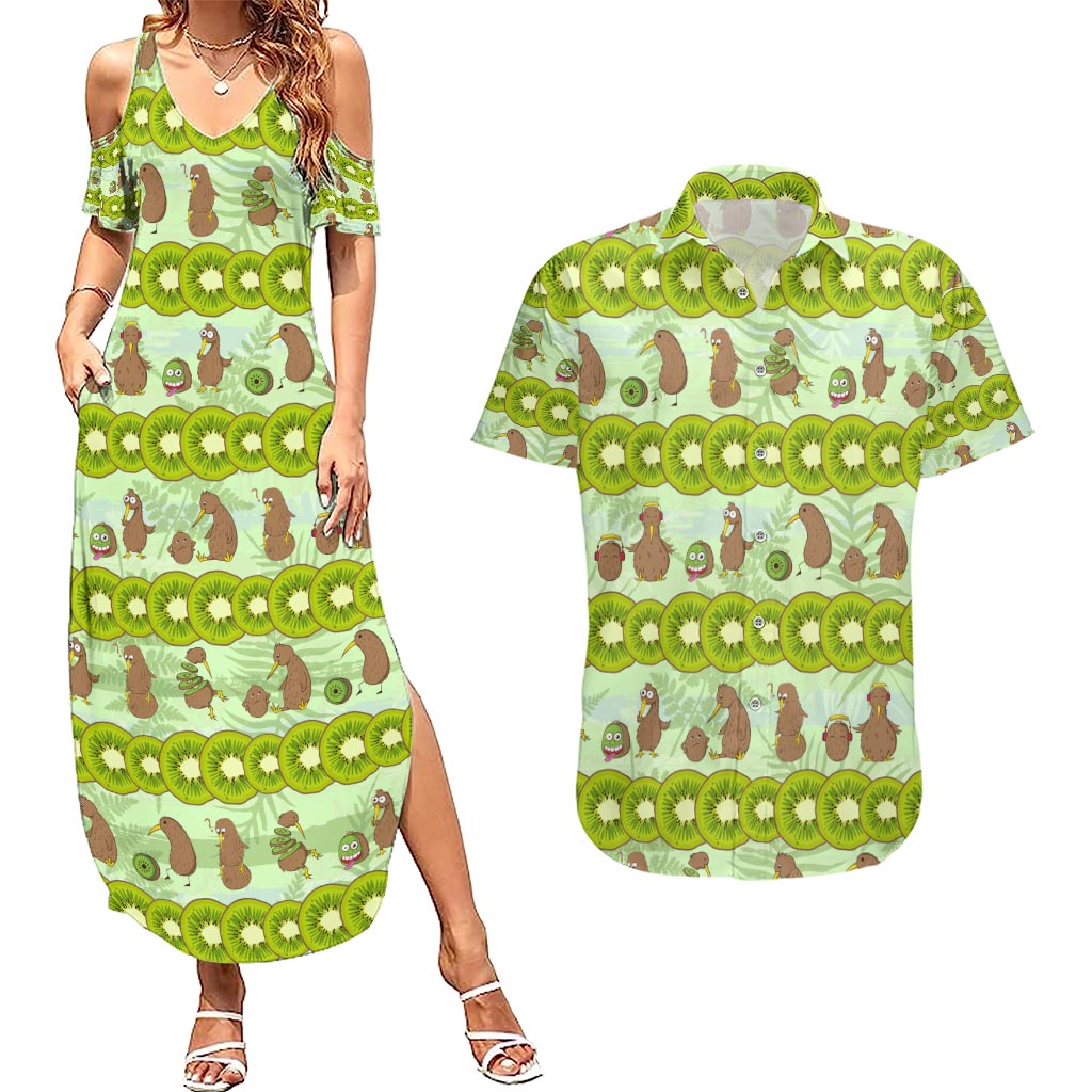 New Zealand Kiwi Fruit Witty Kiwi Bird Couples Matching Summer Maxi Dress and Hawaiian Shirt DT02 Green - Polynesian Pride
