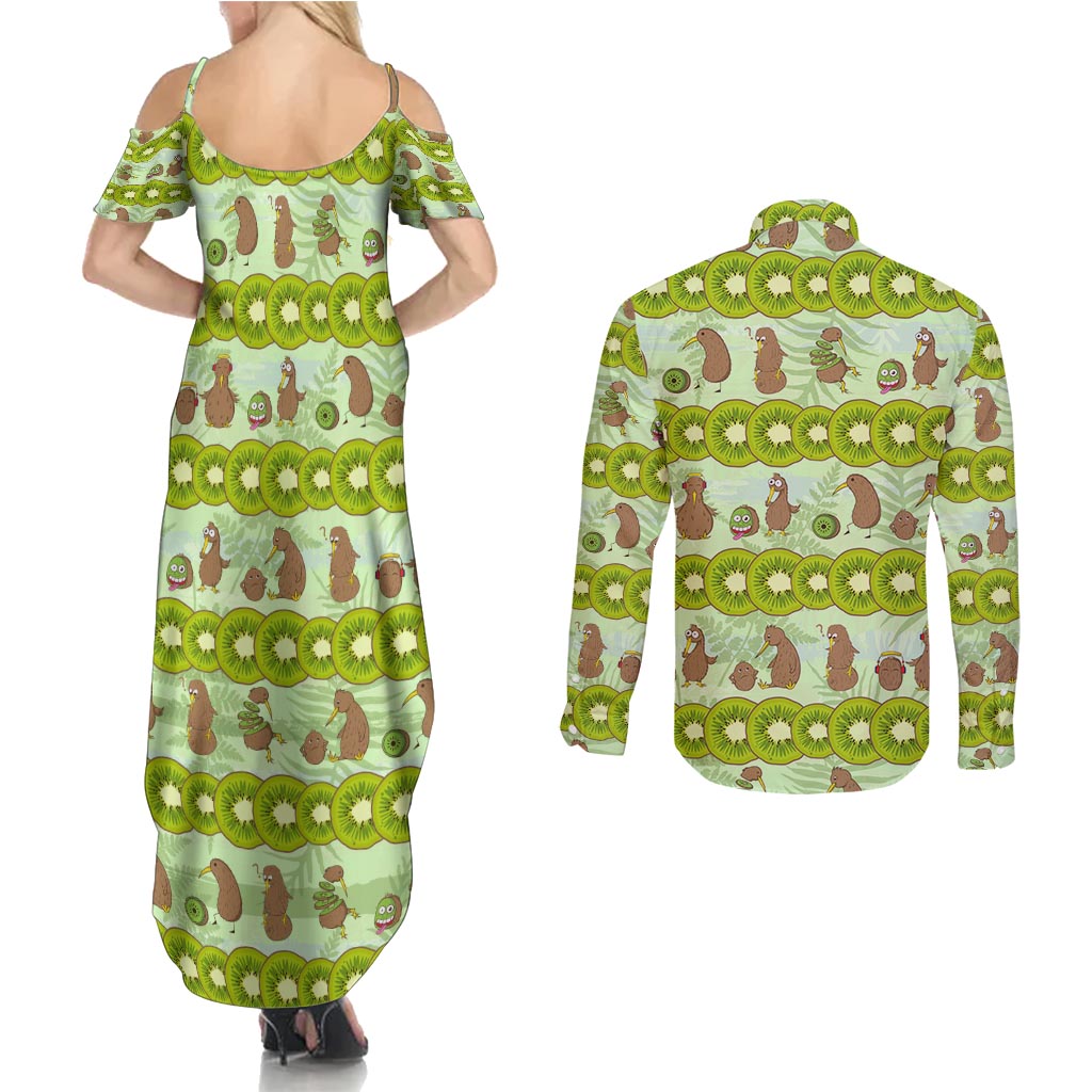 New Zealand Kiwi Fruit Witty Kiwi Bird Couples Matching Summer Maxi Dress and Long Sleeve Button Shirt DT02 - Polynesian Pride