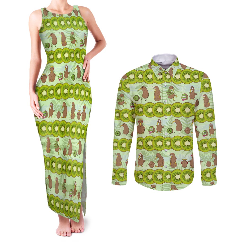 New Zealand Kiwi Fruit Witty Kiwi Bird Couples Matching Tank Maxi Dress and Long Sleeve Button Shirt DT02 Green - Polynesian Pride