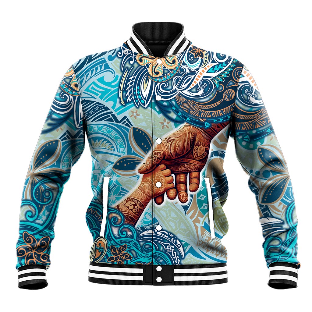 Hand In Hand Father's Day Polynesian Baseball Jacket Tribal Flower Pattern DT02 Unisex Blue - Polynesian Pride