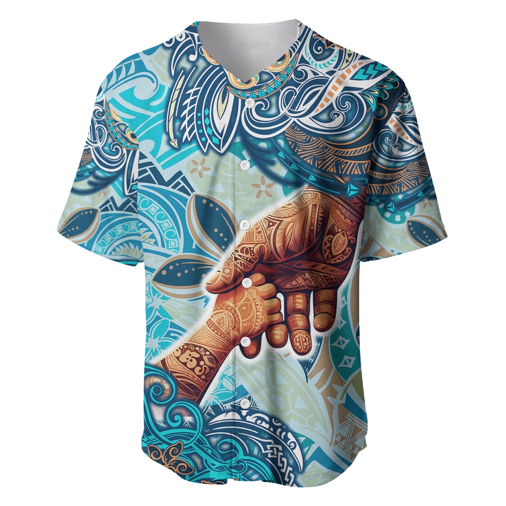 Hand In Hand Father's Day Polynesian Baseball Jersey Tribal Flower Pattern DT02 Blue - Polynesian Pride