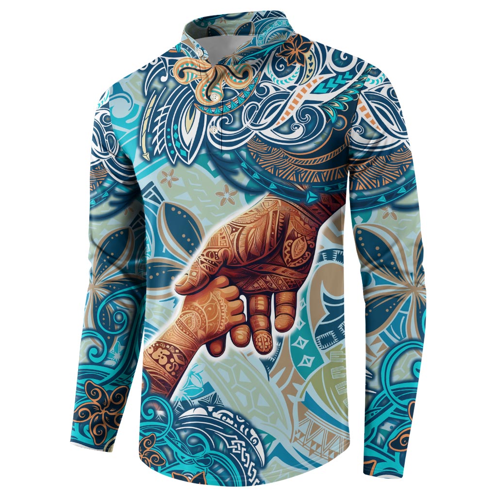 Hand In Hand Father's Day Polynesian Button Sweatshirt Tribal Flower Pattern
