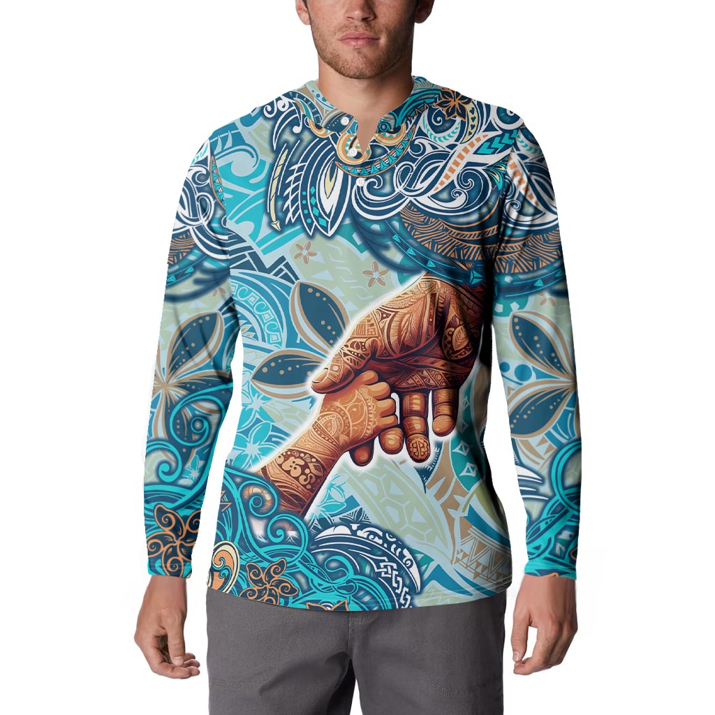 Hand In Hand Father's Day Polynesian Button Sweatshirt Tribal Flower Pattern