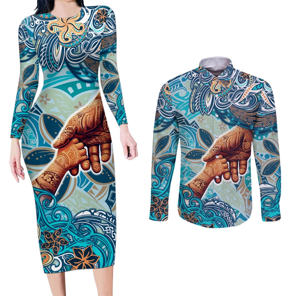 Hand In Hand Father's Day Polynesian Couples Matching Long Sleeve Bodycon Dress and Long Sleeve Button Shirt Tribal Flower Pattern DT02 Blue - Polynesian Pride