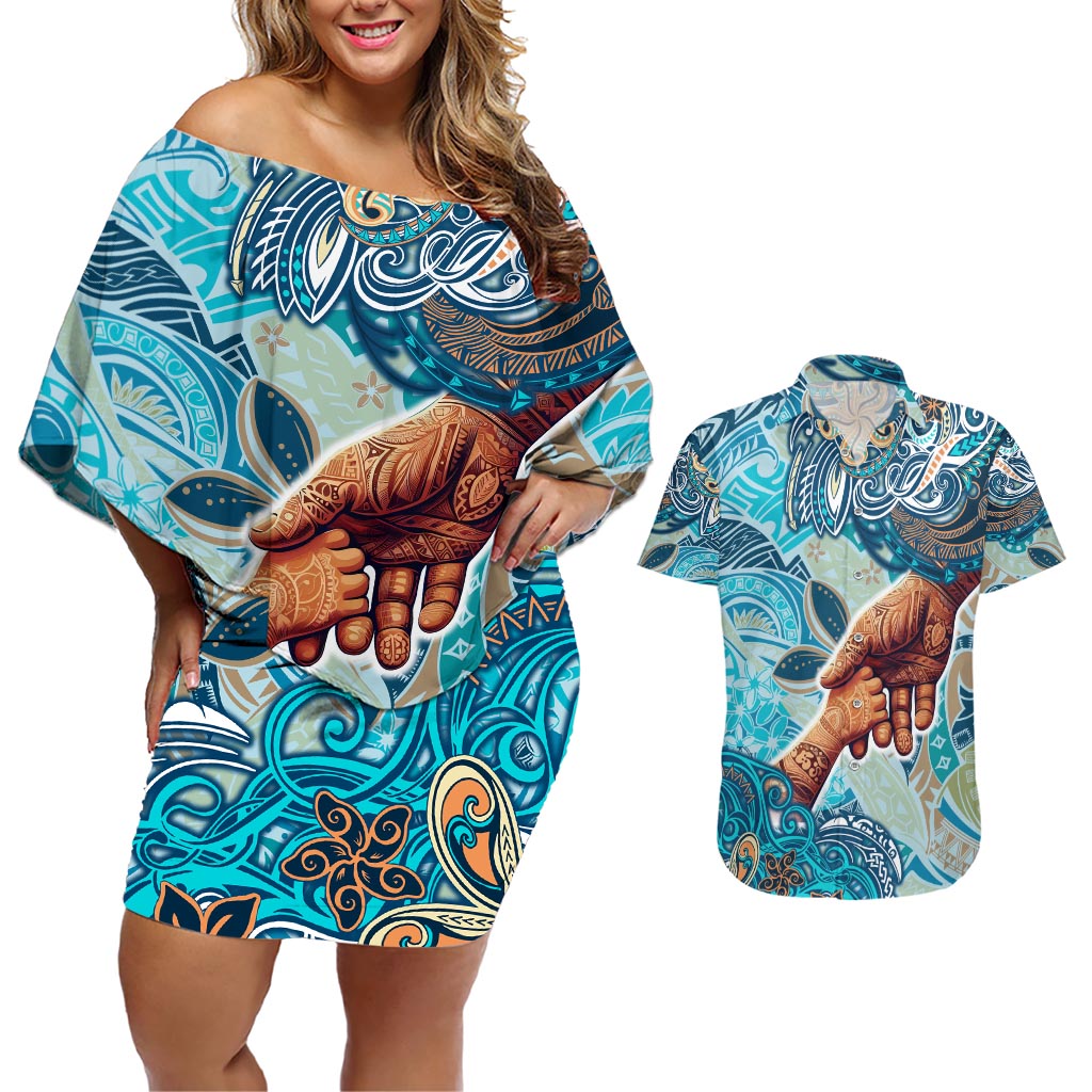 Hand In Hand Father's Day Polynesian Couples Matching Off Shoulder Short Dress and Hawaiian Shirt Tribal Flower Pattern DT02 Blue - Polynesian Pride