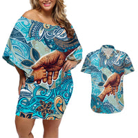 Hand In Hand Father's Day Polynesian Couples Matching Off Shoulder Short Dress and Hawaiian Shirt Tribal Flower Pattern DT02 Blue - Polynesian Pride