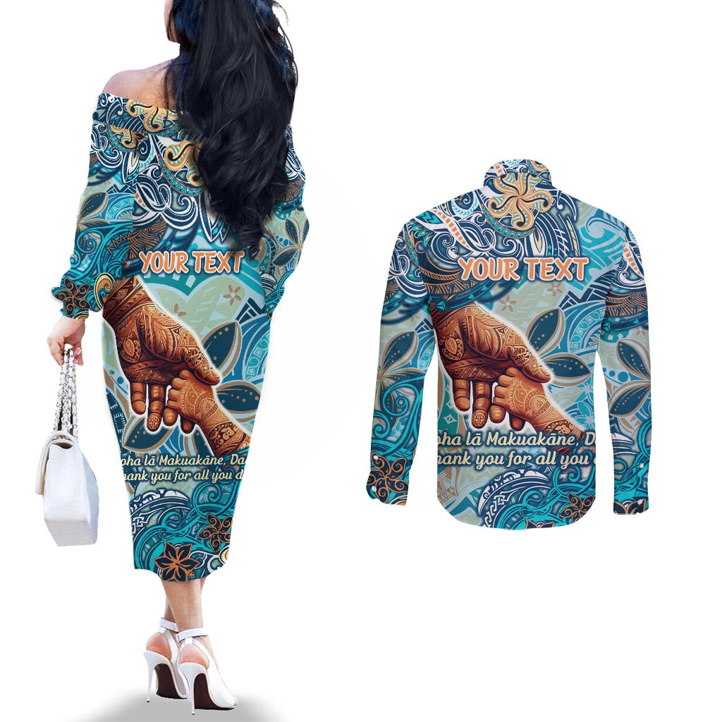Hand In Hand Father's Day Polynesian Couples Matching Off The Shoulder Long Sleeve Dress and Long Sleeve Button Shirt Tribal Flower Pattern