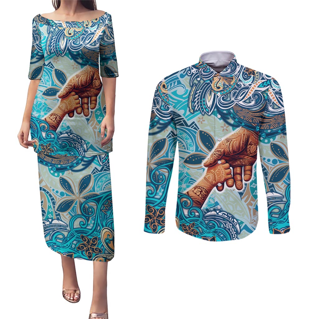 Hand In Hand Father's Day Polynesian Couples Matching Puletasi and Long Sleeve Button Shirt Tribal Flower Pattern DT02 Blue - Polynesian Pride