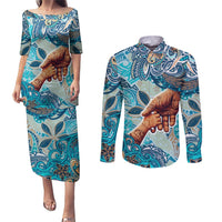 Hand In Hand Father's Day Polynesian Couples Matching Puletasi and Long Sleeve Button Shirt Tribal Flower Pattern DT02 Blue - Polynesian Pride