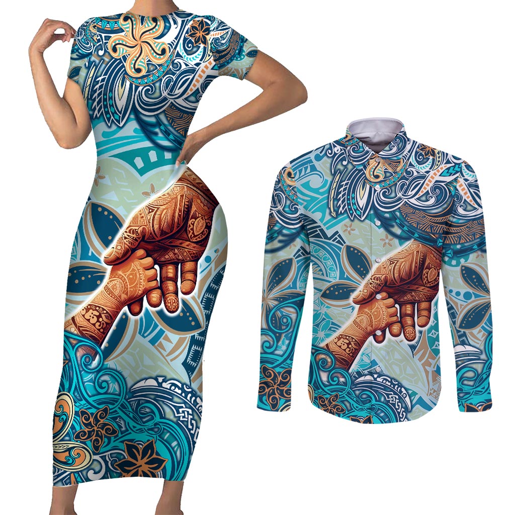 Hand In Hand Father's Day Polynesian Couples Matching Short Sleeve Bodycon Dress and Long Sleeve Button Shirt Tribal Flower Pattern DT02 Blue - Polynesian Pride