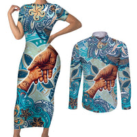 Hand In Hand Father's Day Polynesian Couples Matching Short Sleeve Bodycon Dress and Long Sleeve Button Shirt Tribal Flower Pattern DT02 Blue - Polynesian Pride