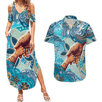 Hand In Hand Father's Day Polynesian Couples Matching Summer Maxi Dress and Hawaiian Shirt Tribal Flower Pattern DT02 Blue - Polynesian Pride