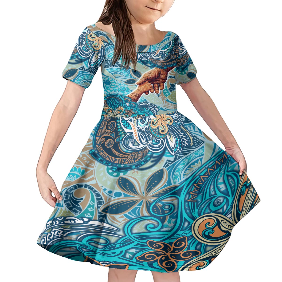 Hand In Hand Father's Day Polynesian Family Matching Puletasi and Hawaiian Shirt Tribal Flower Pattern DT02 Daughter's Dress Blue - Polynesian Pride