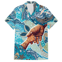 Hand In Hand Father's Day Polynesian Family Matching Puletasi and Hawaiian Shirt Tribal Flower Pattern DT02 Dad's Shirt - Short Sleeve Blue - Polynesian Pride