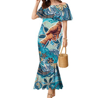 Hand In Hand Father's Day Polynesian Mermaid Dress Tribal Flower Pattern DT02 Women Blue - Polynesian Pride