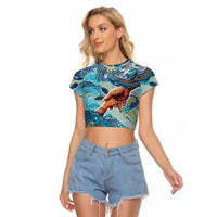 Hand In Hand Father's Day Polynesian Raglan Cropped T Shirt Tribal Flower Pattern DT02 Female Blue - Polynesian Pride