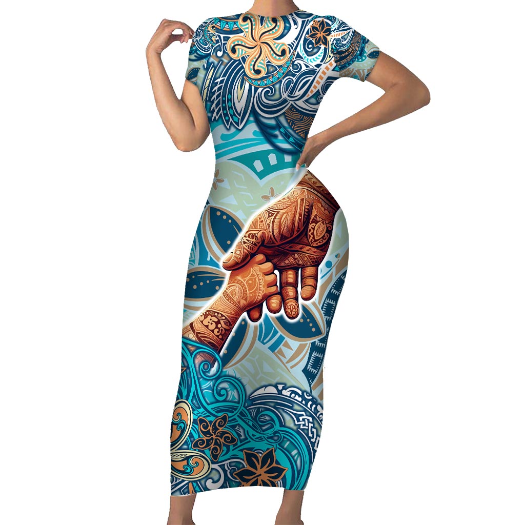 Hand In Hand Father's Day Polynesian Short Sleeve Bodycon Dress Tribal Flower Pattern