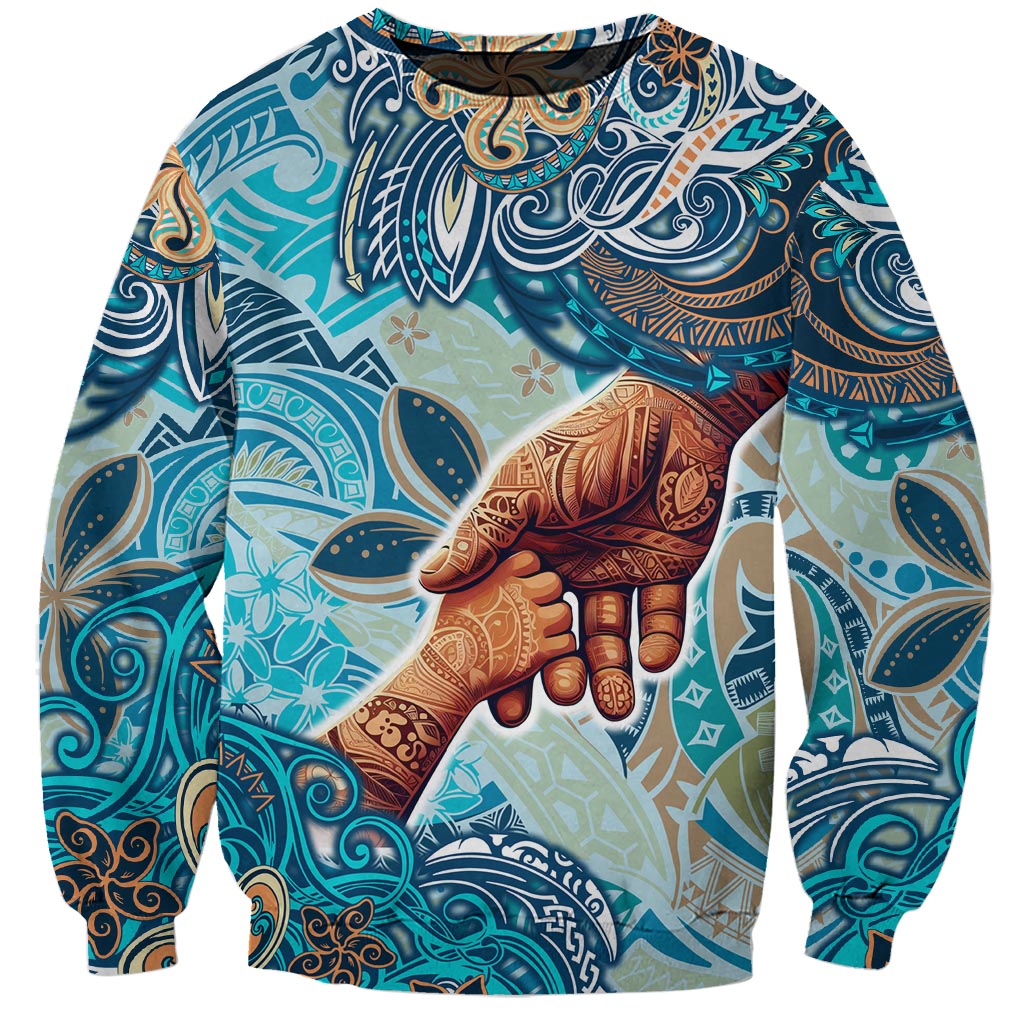 Hand In Hand Father's Day Polynesian Sweatshirt Tribal Flower Pattern DT02 Unisex Blue - Polynesian Pride