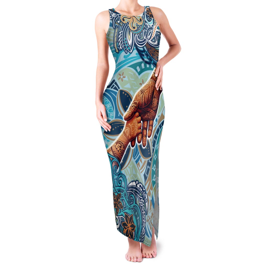 Hand In Hand Father's Day Polynesian Tank Maxi Dress Tribal Flower Pattern DT02 Women Blue - Polynesian Pride