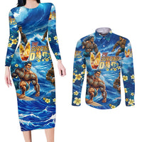 Hawaii Father's Day Couples Matching Long Sleeve Bodycon Dress and Long Sleeve Button Shirt The Surfing Dad Polynesian Tattoo DT02 Blue - Polynesian Pride