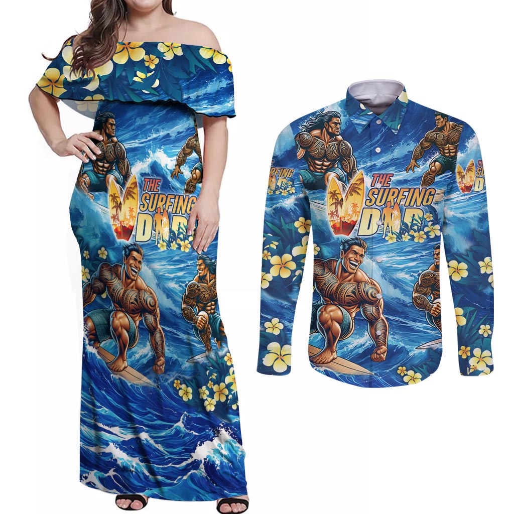 Hawaii Father's Day Couples Matching Off Shoulder Maxi Dress and Long Sleeve Button Shirt The Surfing Dad Polynesian Tattoo DT02 Blue - Polynesian Pride