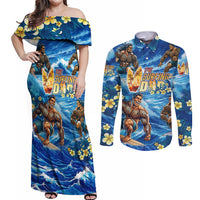 Hawaii Father's Day Couples Matching Off Shoulder Maxi Dress and Long Sleeve Button Shirt The Surfing Dad Polynesian Tattoo DT02 Blue - Polynesian Pride