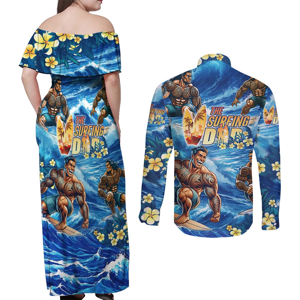 Hawaii Father's Day Couples Matching Off Shoulder Maxi Dress and Long Sleeve Button Shirt The Surfing Dad Polynesian Tattoo DT02 - Polynesian Pride