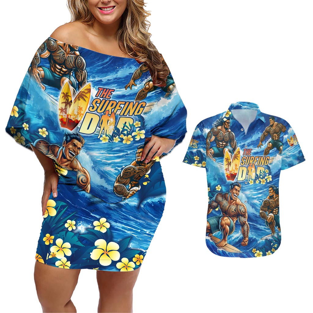 Hawaii Father's Day Couples Matching Off Shoulder Short Dress and Hawaiian Shirt The Surfing Dad Polynesian Tattoo DT02 Blue - Polynesian Pride