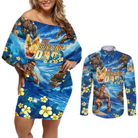 Hawaii Father's Day Couples Matching Off Shoulder Short Dress and Long Sleeve Button Shirt The Surfing Dad Polynesian Tattoo DT02 Blue - Polynesian Pride