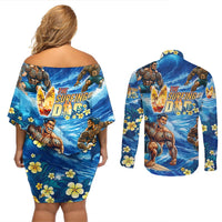 Hawaii Father's Day Couples Matching Off Shoulder Short Dress and Long Sleeve Button Shirt The Surfing Dad Polynesian Tattoo DT02 - Polynesian Pride